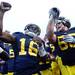 Michigan junior quarterback Denard Robinson and senior defensive tackle Mike Martin sing the fight song near the student section after Michigan beat Purdue 36-14 during Homecoming. Melanie Maxwell I AnnArbor.com